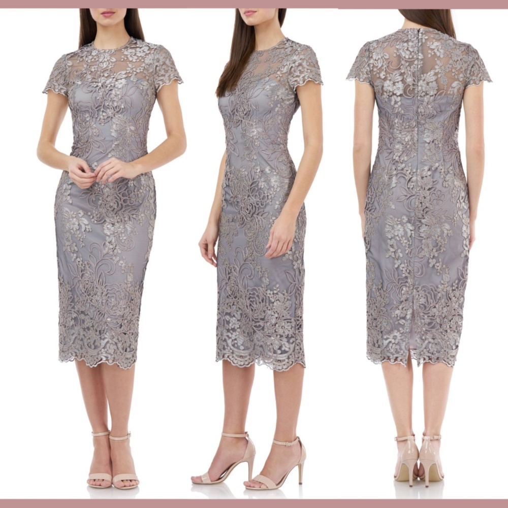 NWT‎ JS Collection [ 2 ] Illusion Lace Midi Cocktail Dress in Taupe